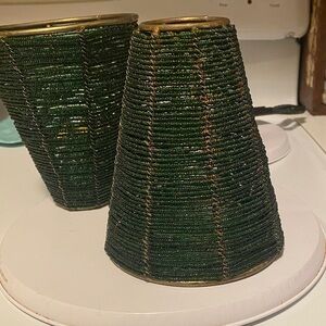 VTG PR Green Glass Beaded Lamp Shade 6” T 2”Top 5 3/4” Base